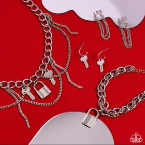 Silver Padlock & Key Charm Necklace Set - Silver Tone
